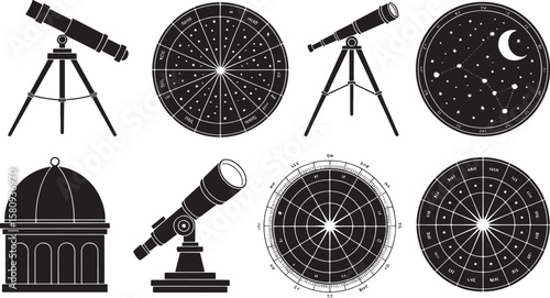 Astronomical Observation Tools Silhouette: Telescope and Astrolabe for Science and Space Exploration Concepts.