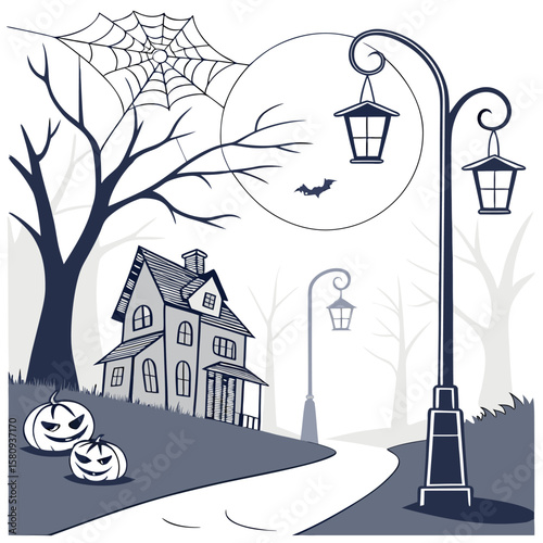 Halloween scene with haunted house pumpkins spiderweb bat and streetlights in grayscale illustration