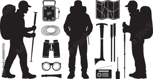 Outdoor Adventure Gear: Camping, Hiking & Travel Equipment Silhouettes