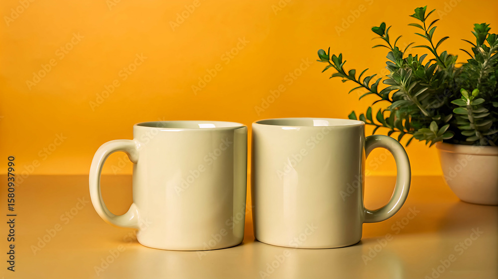 Obraz premium Two simple cream colored mugs sit side by side against a bright yellow background with a sprig of greenery adding a pop of