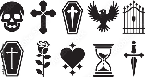 Gothic Dark Symbols: Cross, Coffin, Rose, Heart & Hourglass Icons Set