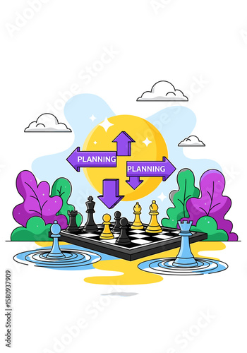 Stylized Chessboard with Planning Arrows, Floating Pieces, and Colorful Foliage