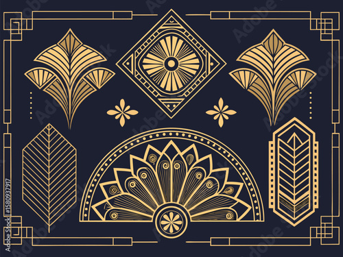 Seamless gold floral patterns enhance the antique vintage design of this Christmas card, bordered with a decorative retro frame illustration