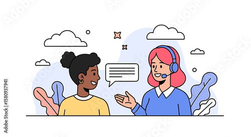 Two Diverse Women in Conversation with Speech Bubble and Headset.