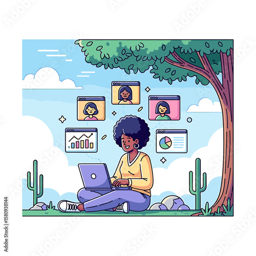 Woman Working Remotely Under a Tree with Video Calls