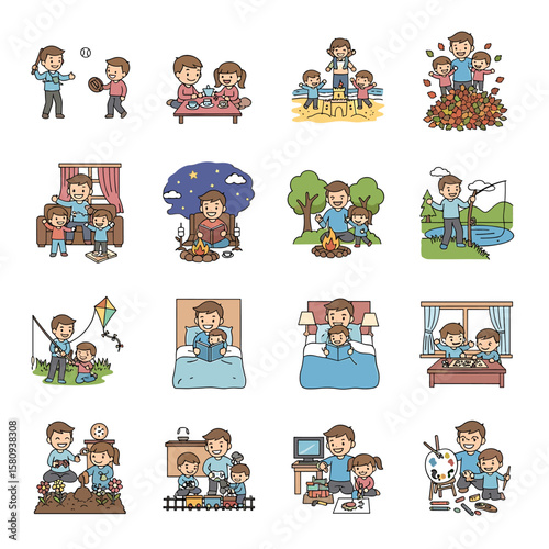 Cartoon Dad and Children: Diverse Activities, Family Bonding, and Playful Moments