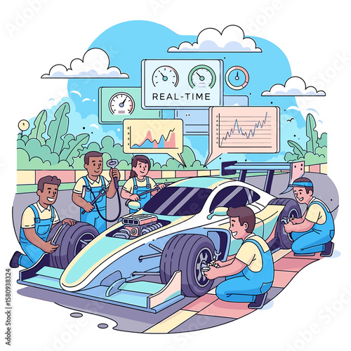 Cartoon Formula One Car Serviced by a Team of Mechanics with Real-Time Data