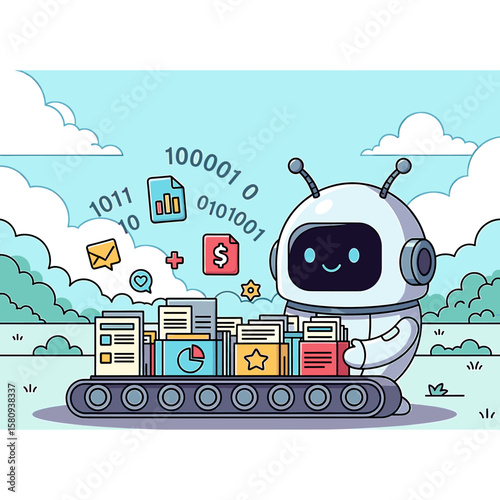 Cartoon Robot Processing Data on Conveyor Belt with Binary Code and Icons