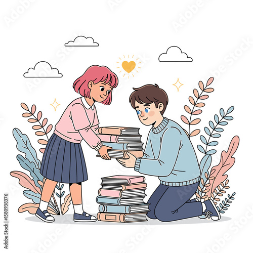 Cartoon students exchanging stack of books with floral and cloud accents