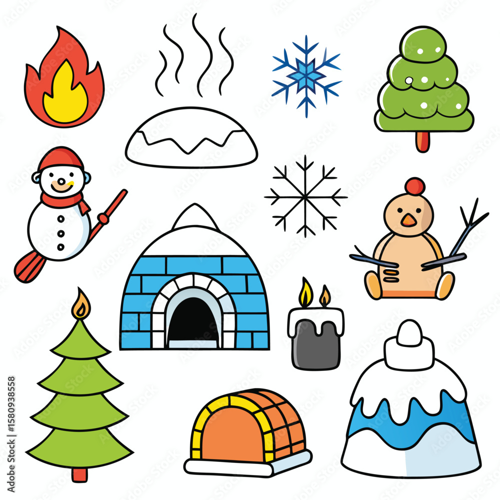 Obraz premium Winter Icon Set, Snow, Holiday, Weather & Christmas Line Icons in Minimal Style