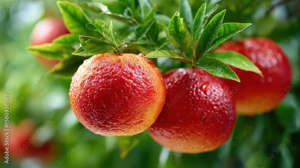Obraz premium Ripe Blood Oranges with Water Droplets on Tree
