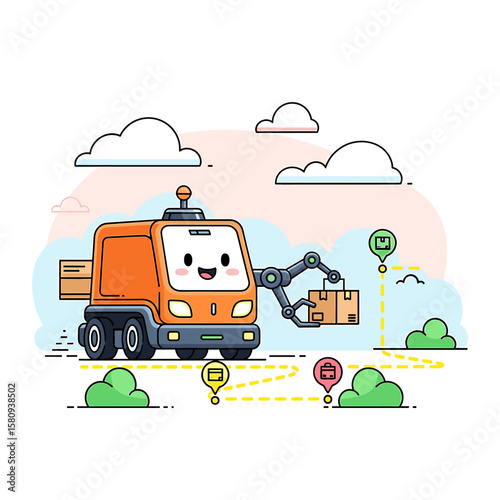 Cheerful Delivery Robot with Robotic Arm Delivering Package Along Route