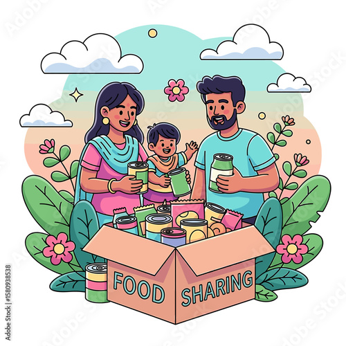 Cheerful Family Donating Food from a Box with Colorful Illustrations.