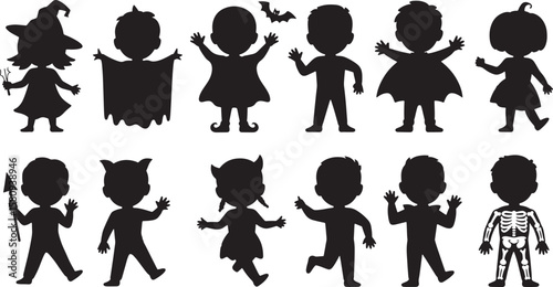 Diverse Group of Happy Children Silhouettes, Playful Kids Vector Collection