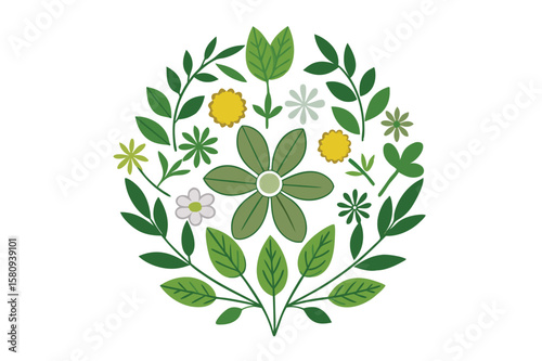 Detailed botanical illustration of various herbs and wildflowers in vibrant colors