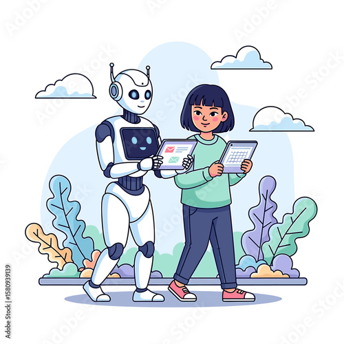 Friendly Robot and Human Collaborating with Tablets, Walking Together in Harmony