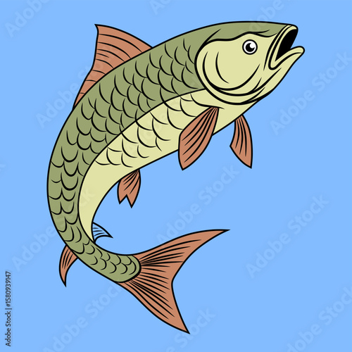 Illustration of a mahseer fish with detailed scales and fins. Focus on realistic rendering and bright colors.