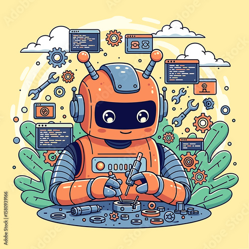 Friendly Robot Assembling Components with Tools and Code Elements