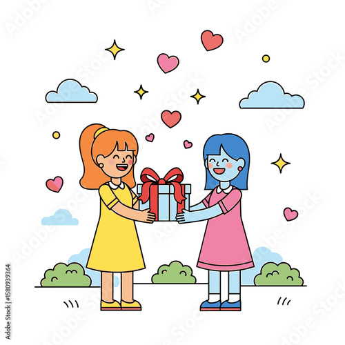 Joyful Gift Exchange: Two Smiling Girls Sharing a Present with Hearts and Stars
