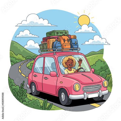 Joyful Road Trip: Woman Driving Pink Car Packed with Luggage