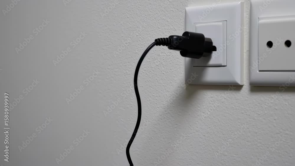 Plugging in electrical cord into wall socket with modern outlet on clean white wall