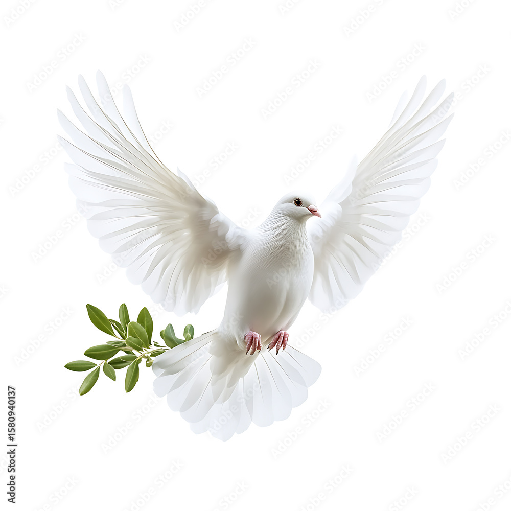 Fototapeta premium White dove of peace flying with green olive twig high quality realistic image
