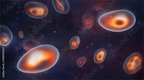 Abstract molecular diagram of adipose cells glowing against cosmic textures, symbolizing nutrition science