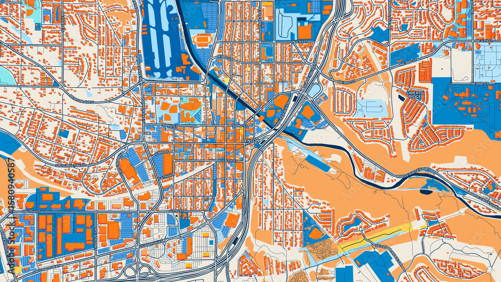 Obraz premium Colorful Renton Street Map with Labels and Buildings