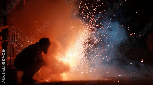 Spark From Man Welding Metal
