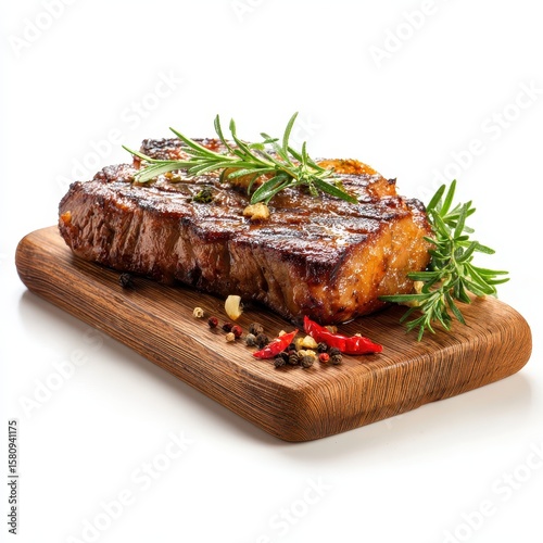 A steak on a wooden cutting board with herbs