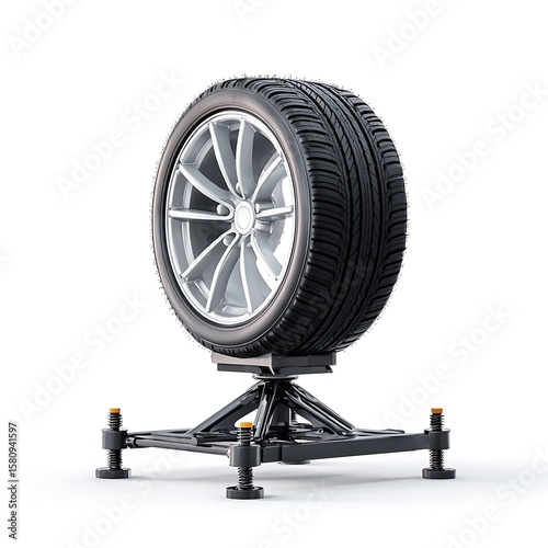 Single car tire lifted by a sturdy jack stand placed on clean white background. Perfect for auto repair visuals, tire shop ads, and mechanical tools content.
