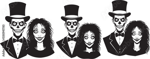 Creepy couple skeleton man and woman silhouette