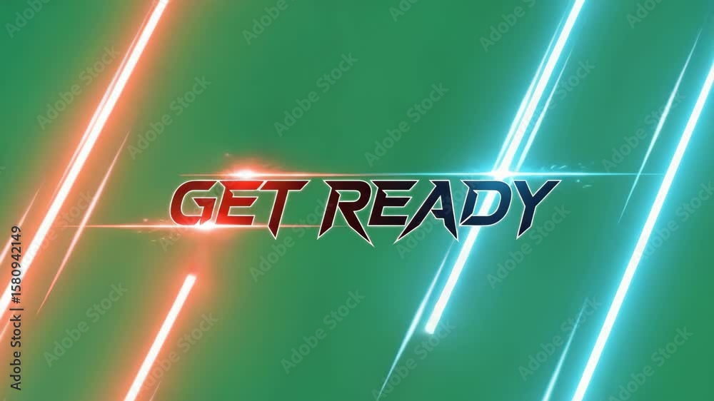 Dynamic get ready text animation with red and blue neon light streaks on a green background for game or intro sequence.