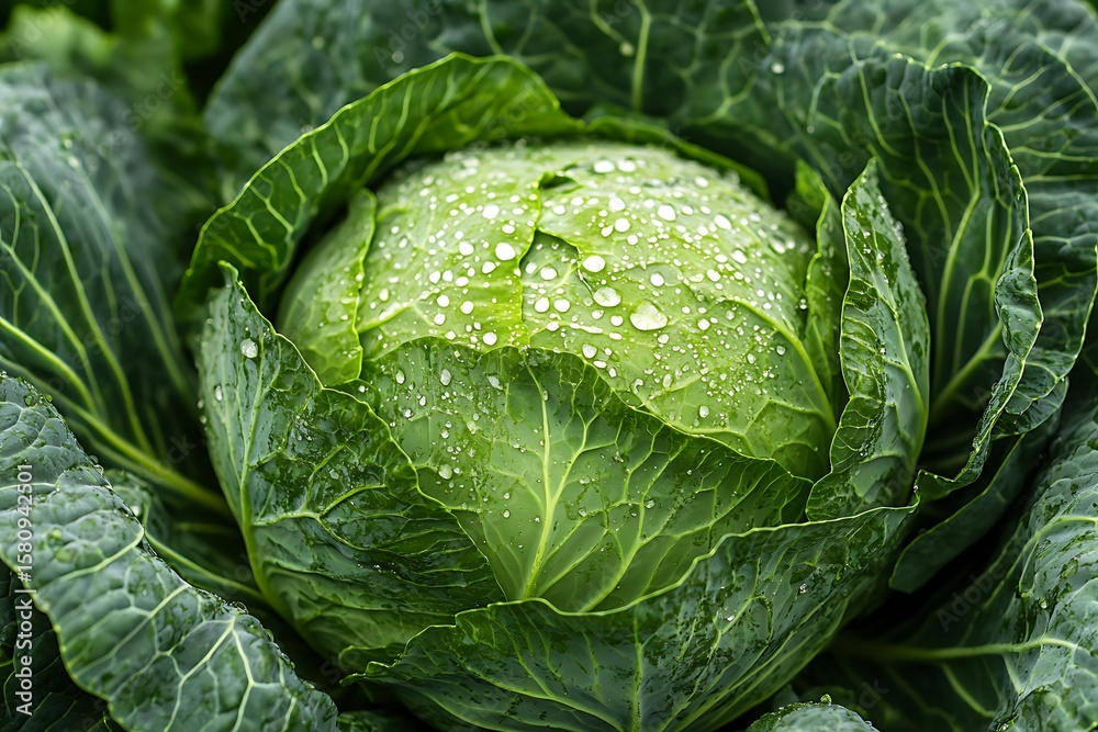 Fototapeta premium Fresh Green Cabbage: Close-Up View of a Healthy Vegetable