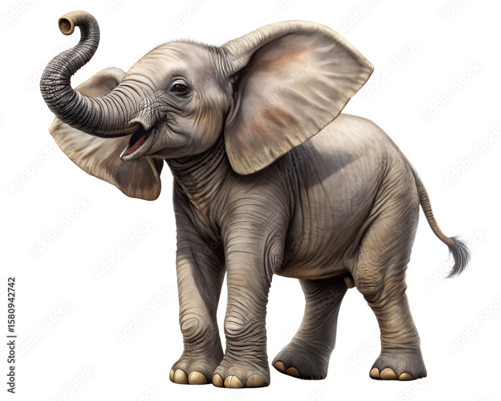 Fototapeta premium A young african elephant calf with its trunk raised and mouth open isolated on transparent background