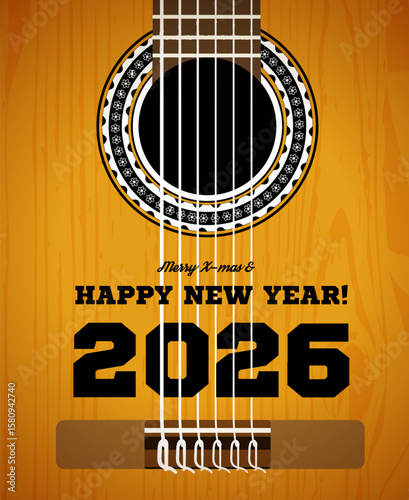 Congratulations on the new year 2026. Classical acoustic guitar close-up. Vector illustration