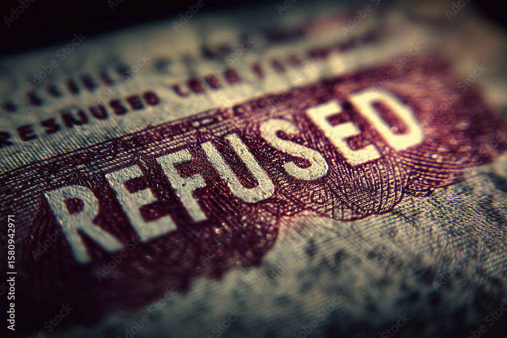 Obraz premium Refused Visa Stamp on Passport: Immigration Travel Denial