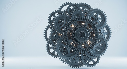 Wallpaper Mural Numerous dark metal gears interlocked in a spherical cluster with an inner glow set against a light background Torontodigital.ca