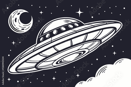 Monochrome UFO Flying Saucer in Space with Moon and Stars Illustration