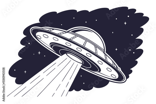 Monochrome UFO Illustration with Beam of Light in a Starry Sky