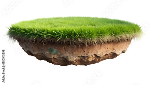 Floating island with green grass and soil layers isolated on transparent background