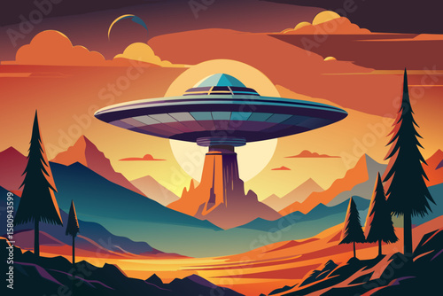 Retro UFO Landscape Flying Saucer Over Mountains at Sunset with Pine Trees