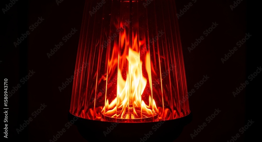 Fototapeta premium Flames burning inside a transparent, conical structure, creating a warm, fiery glow in the darkness.