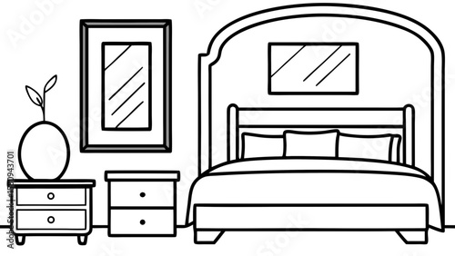 Bedroom Interior Line Art Bed Nightstands Mirrors and Decorative Plant