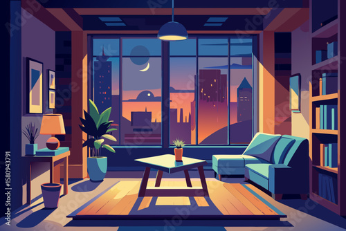 Stylized Interior of a Modern Apartment Overlooking a Cityscape at Sunset