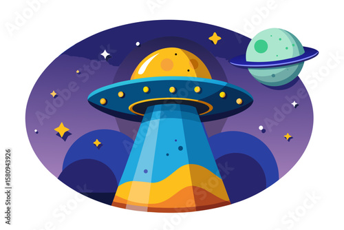 Cartoon UFO Landing in Space with Planet and Stars Illustration