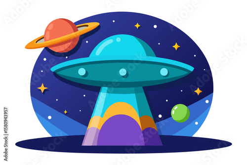 Cartoon UFO Flying Saucer in Space with Planet and Stars Illustration