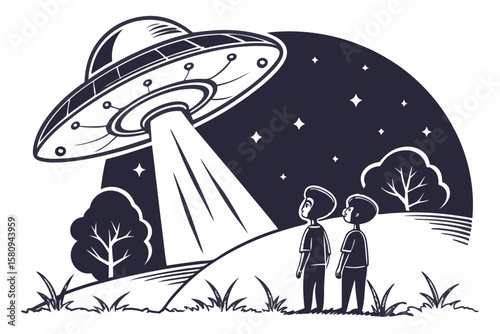 Two Boys Witnessing a UFO Landing in a Starry Night Landscape