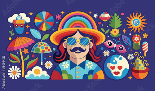 Cartoon vector illustrations of smiling children and women with a clown, flowers, and a fan create fun art