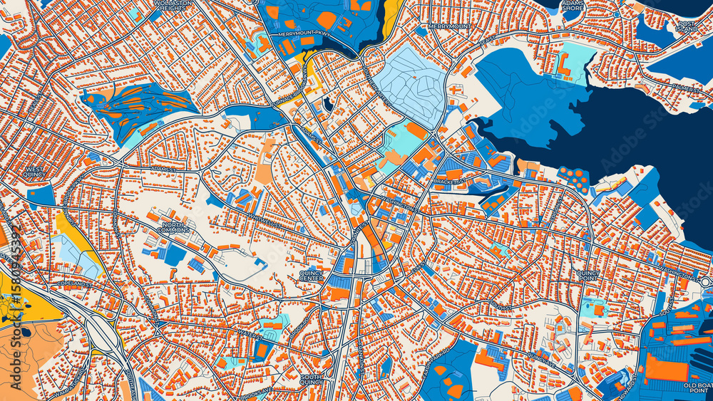 Obraz premium Colorful Quincy Street Map with Labels and Buildings